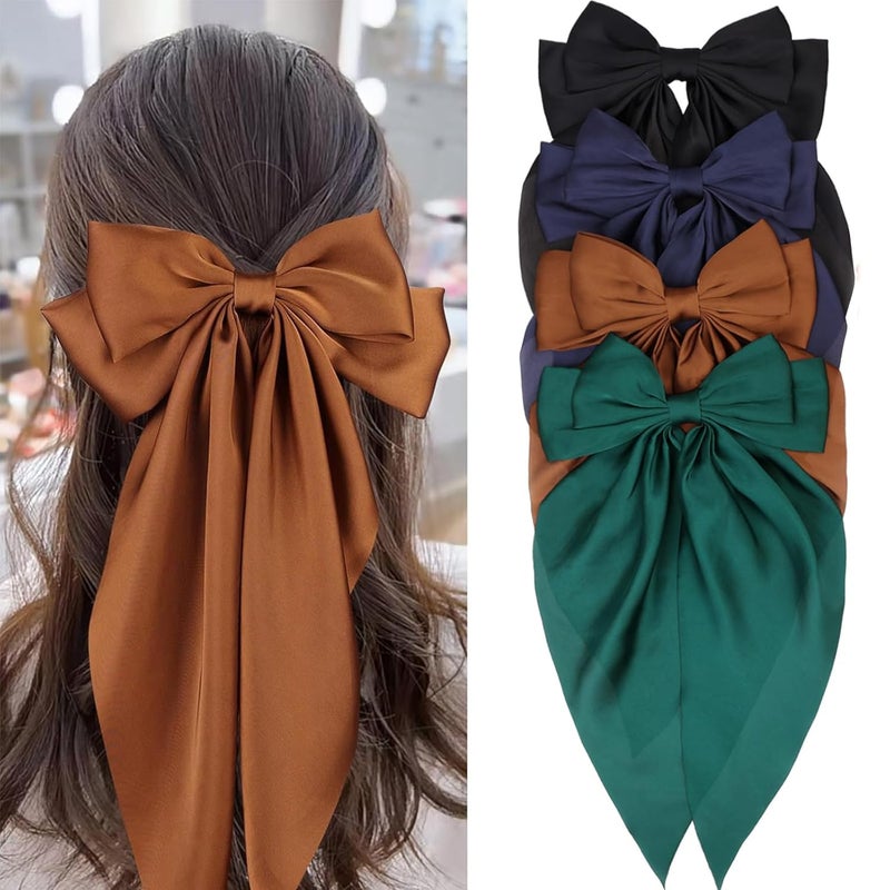 MRJ 4 Pcs Silky Satin Hair Bows Big Hair Ribbons for Women Large Hair Clips for Girls Hair Accessories Barrettes Metal Clips Bowknot Aesthetic - Image 1